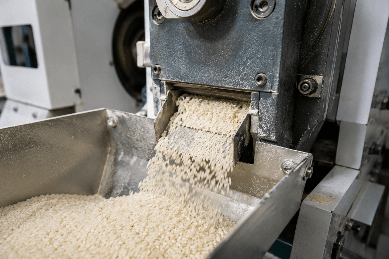 An industrial machine dispensing a continuous stream of white rice grains.